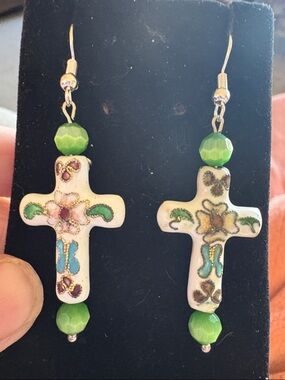 Hand Crafted Green Cloisonné Beaded Floral Cross Earrings
